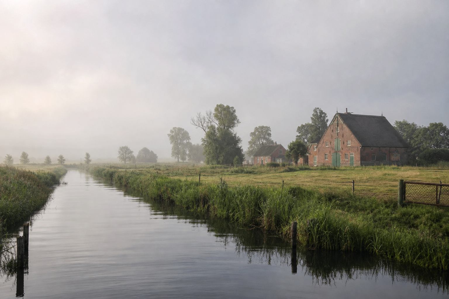 Editorial-Panorama norddeutscher Landschaft mit Kanal und Wiese